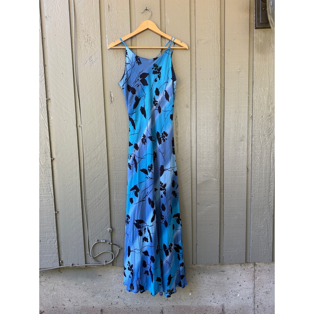 Regine Los Angeles Dress Maxi Women Large Blue Floral Ombre Lace Up Back 90s Vtg